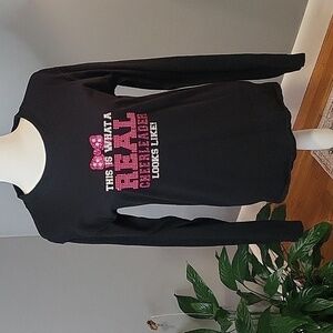 Hanes Black and Pink Long Sleeve Cheerleader Logo Tee - Size S